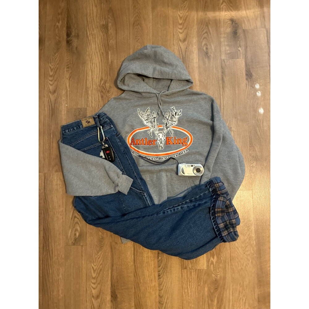 Vintage Antler King Deer Hunting Hoodie Mens XL Grey Jerzees Super Sweats Pullov